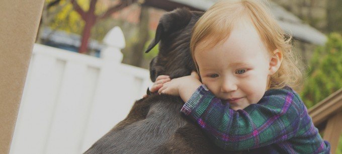 Barn som kramar om en hund, vilket ska förebygga allergi och fetma.
